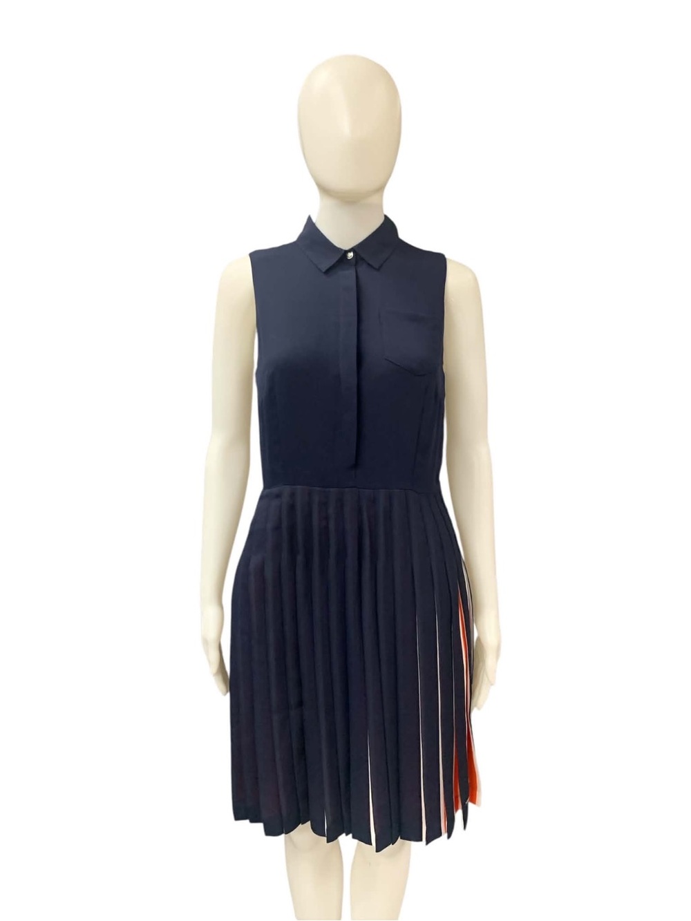 Tommy Hilfiger Navy Sleeveless Pleated Shirt Dress with Orange Accent Size S